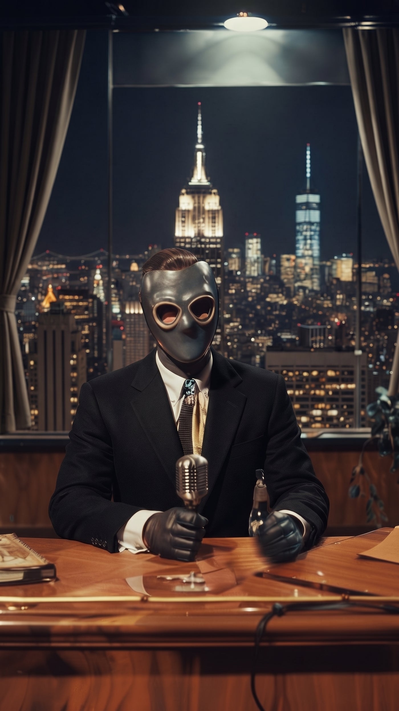 Rourke Hallden, masked, seated at a desk above a night skyline