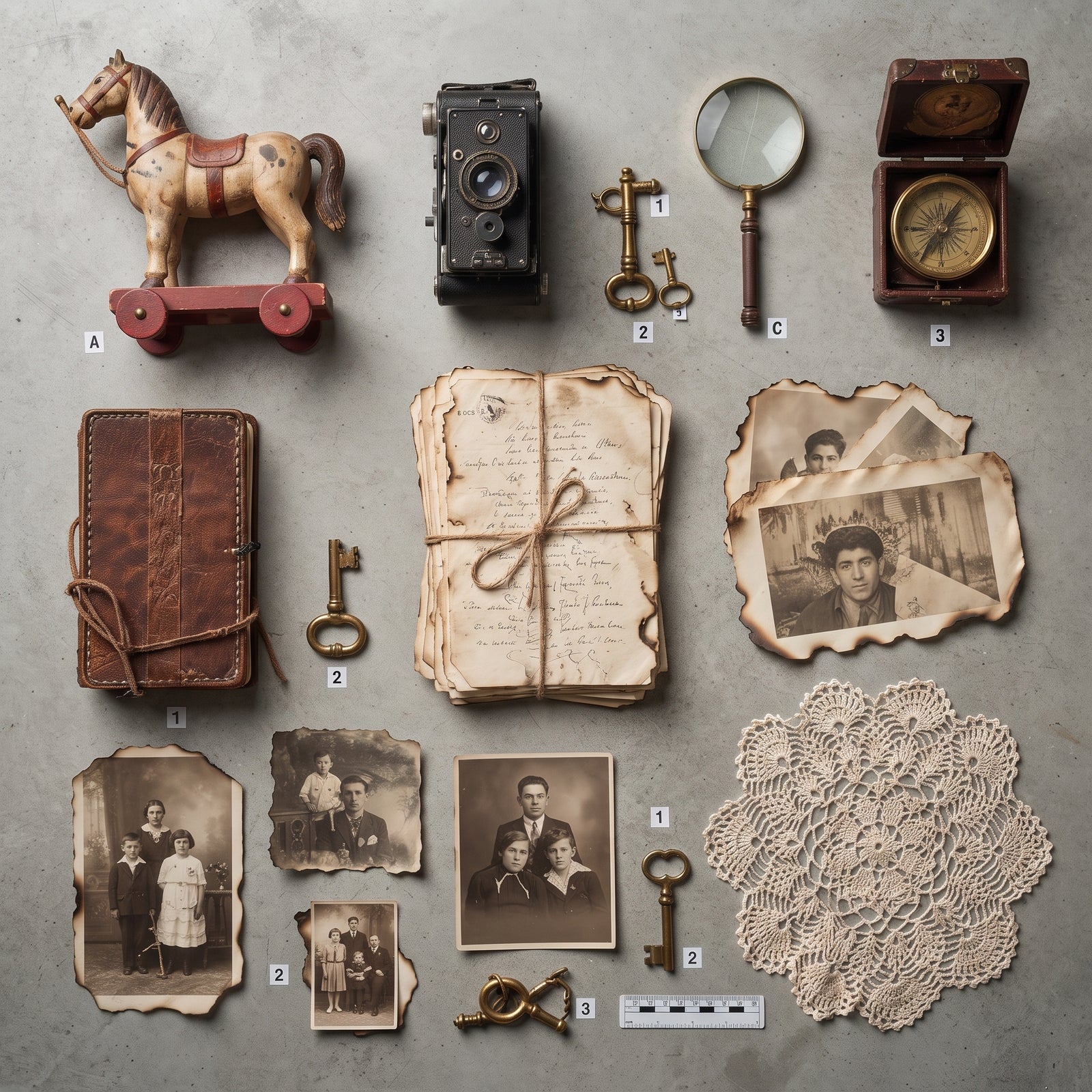 A flat-lay of the grandfather's belongings: a wooden toy horse, an old camera, brass keys, a magnifying glass, a compass, a leather journal, a bundle of burned letters, and scorched family photographs